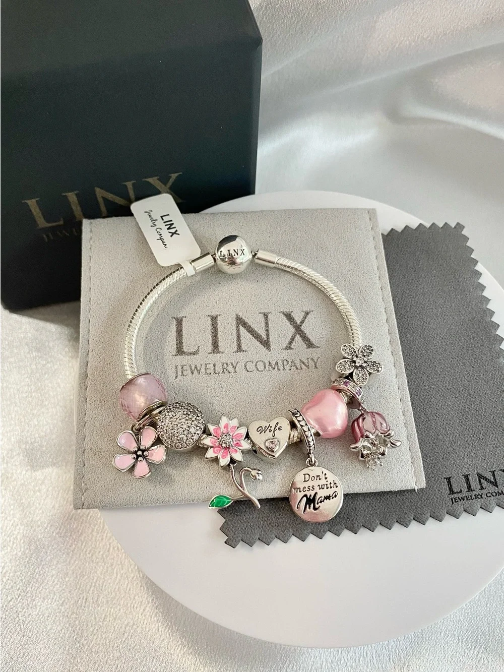 Linx Snake Chain Bracelet with Wife and Mom Themed Charms